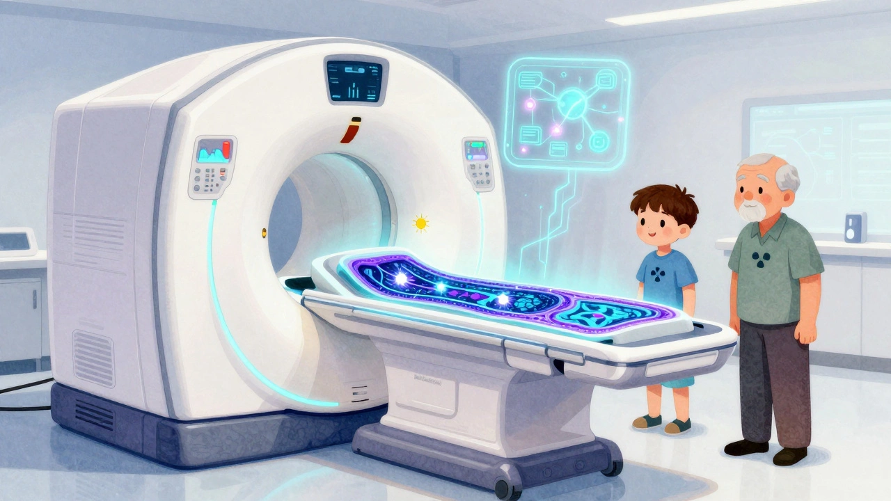 Hybrid PET-MRI machine fusing metabolic and tissue imaging with reduced radiation symbols for patients.