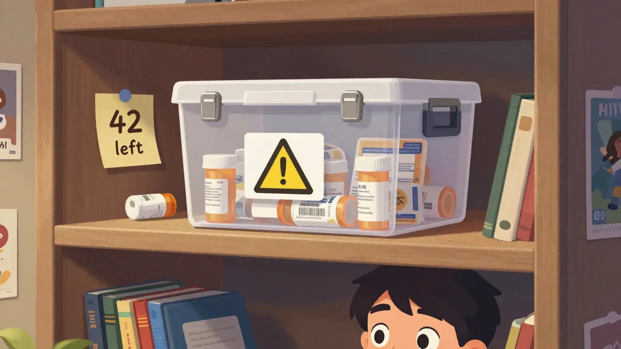 Locked medication box on a high shelf with sticky note tracking pill count.