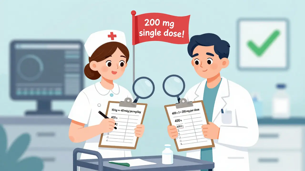 Nurse and pharmacist double-checking pediatric medication calculations on clipboards.