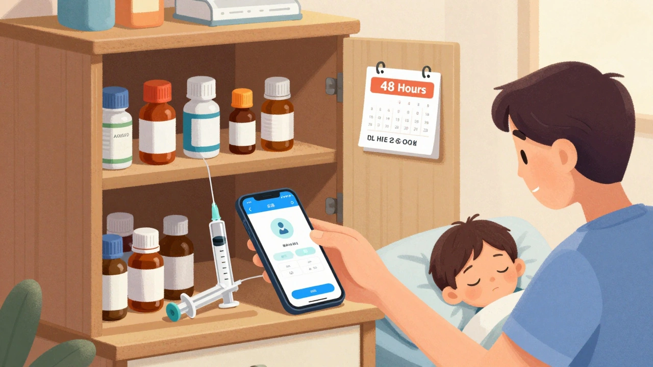 Open medicine cabinet with expired bottles and a smart syringe connected to a phone app.