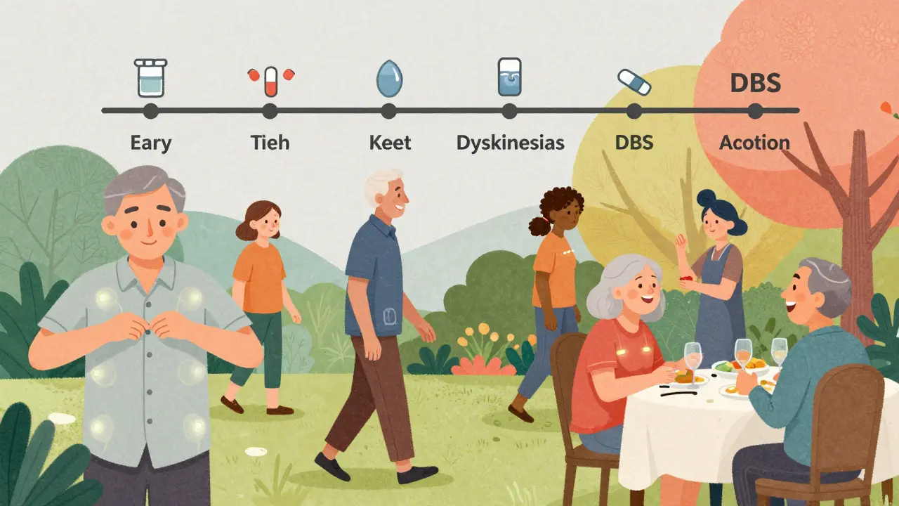 Parkinson's patients enjoying daily activities with subtle glowing DBS implants beneath skin.