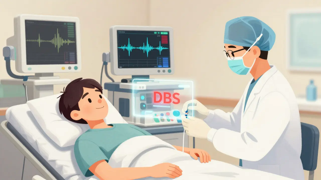 Patient awake during DBS surgery, moving hand as surgeon adjusts brain electrodes.