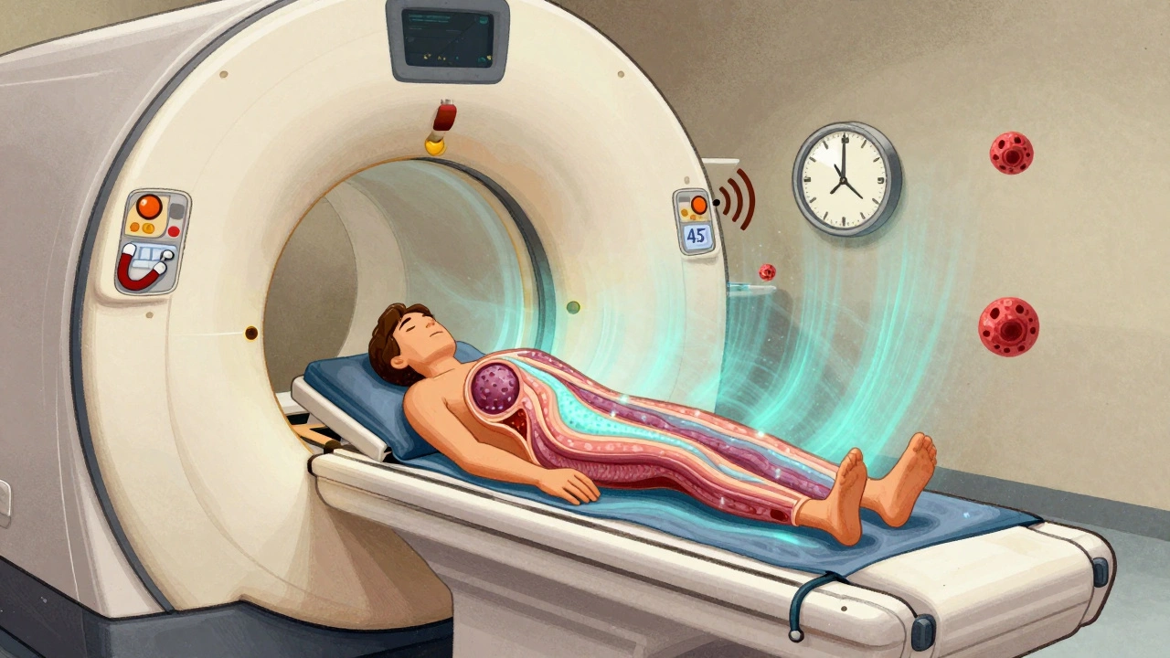 Patient inside an MRI machine with magnetic fields highlighting prostate and liver tissue details.