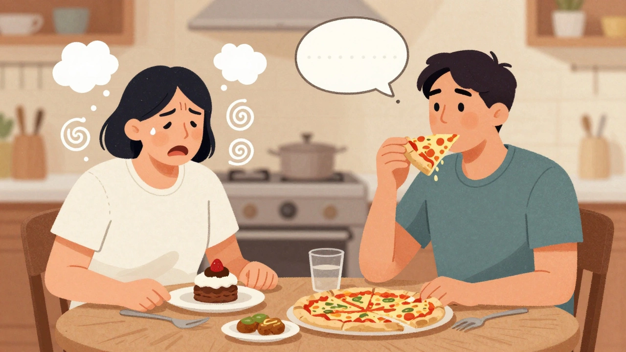 Person experiencing dumping syndrome after bypass vs. calm eating after sleeve surgery