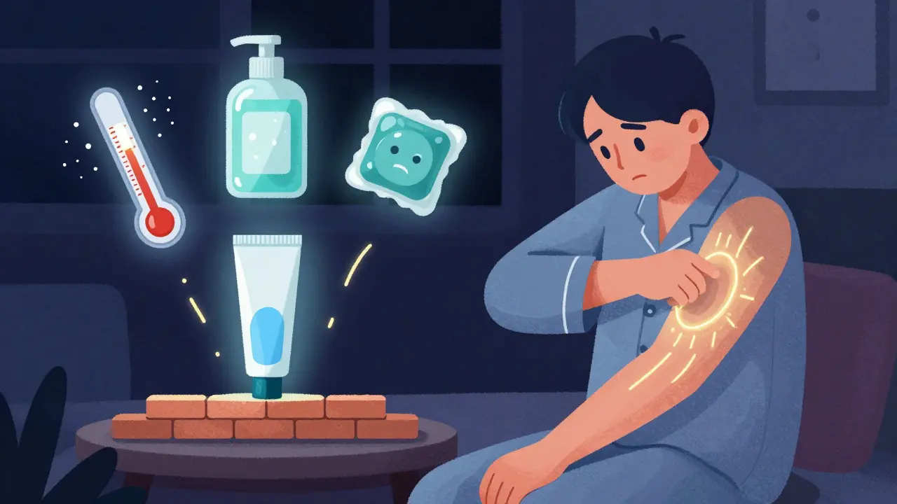 Person scratching at night surrounded by triggers, protected by a glowing emollient shield.