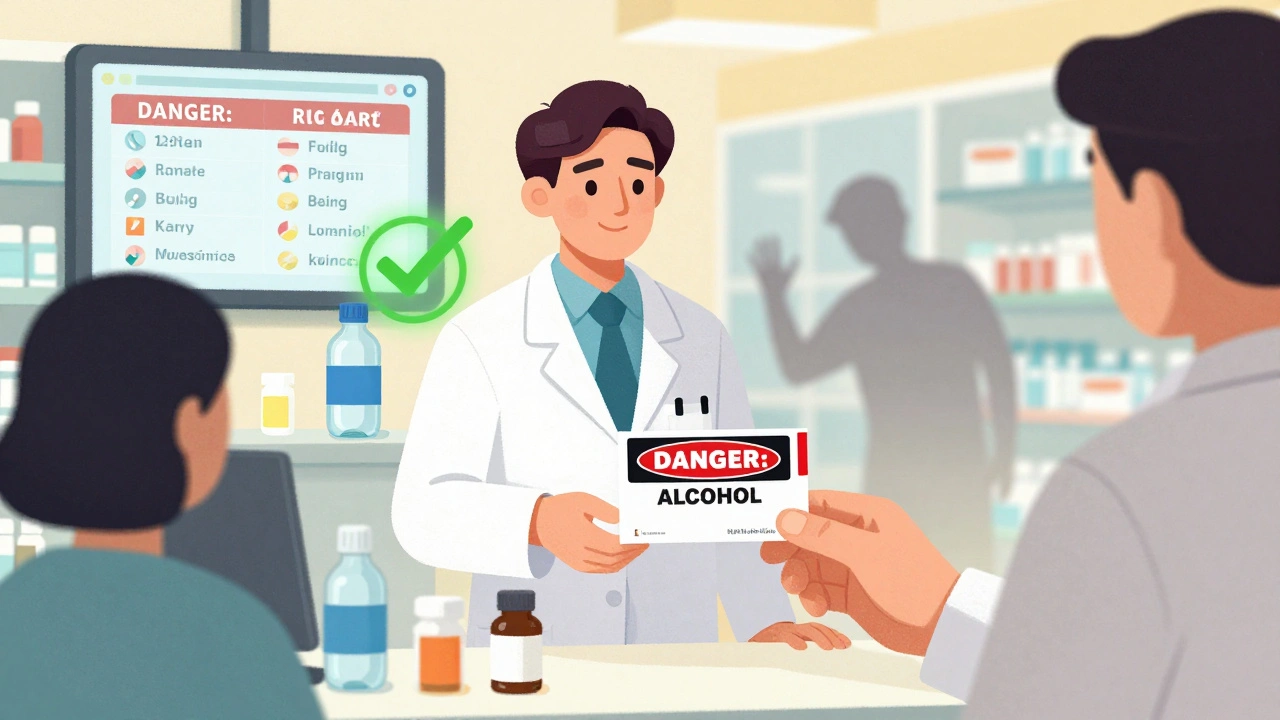 Pharmacist giving prescription with red alcohol warning sticker, digital risk alerts glowing in background.