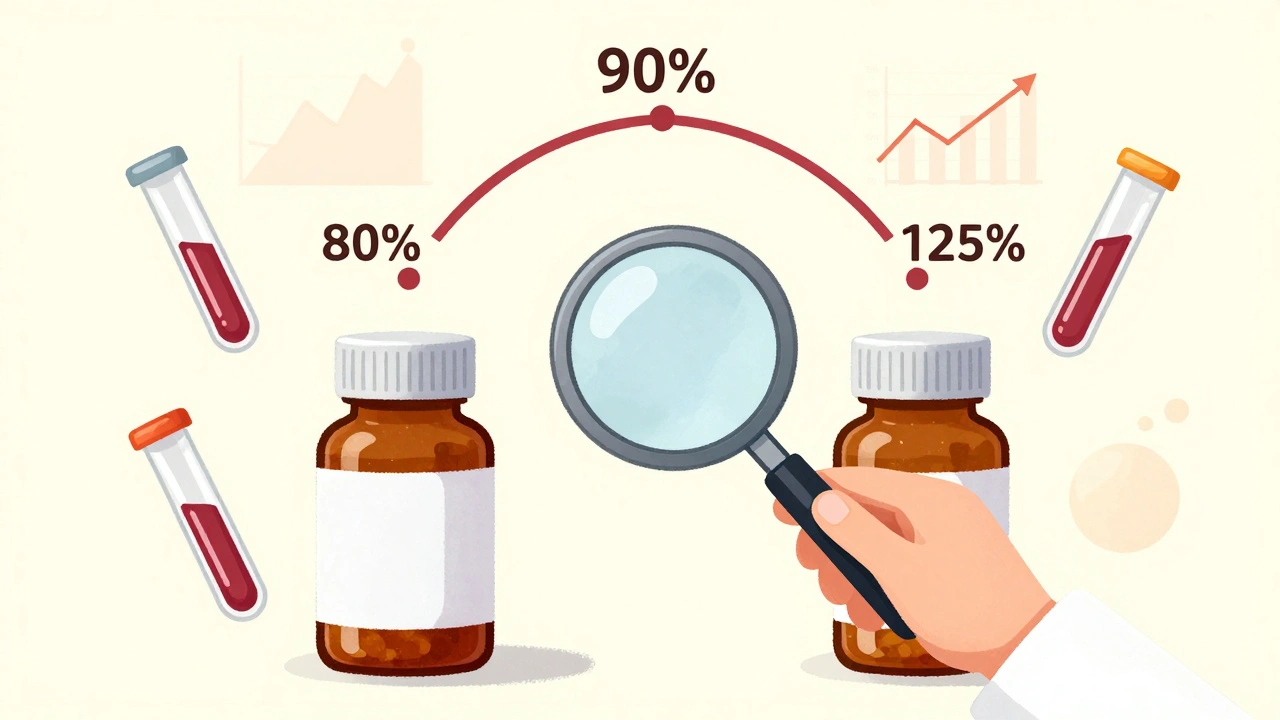 Pharmacist using magnifying glass over pill bottles with floating bioequivalence data and logarithmic scale lines.