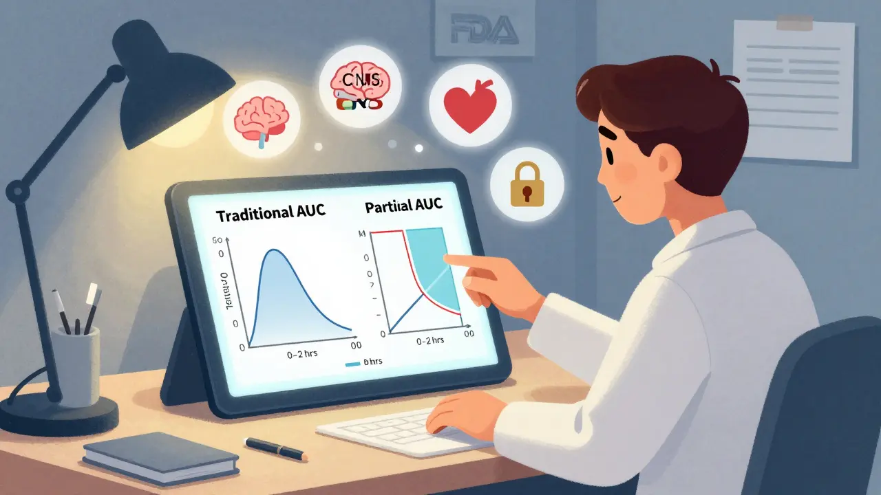 Scientist comparing traditional and partial AUC curves on a tablet, surrounded by icons of critical drug types.