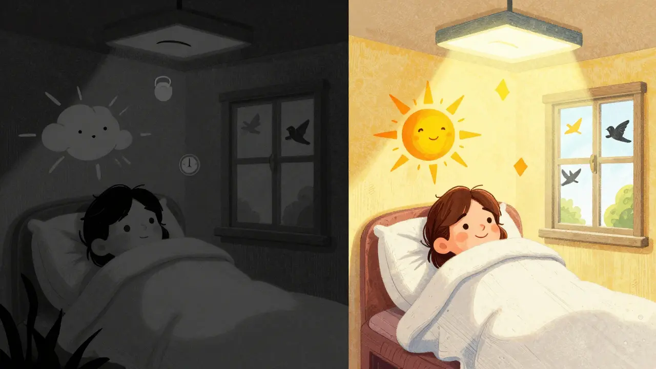Split illustration: one side shows a person in dark, heavy blankets; the other shows them glowing in bright light with a smile.