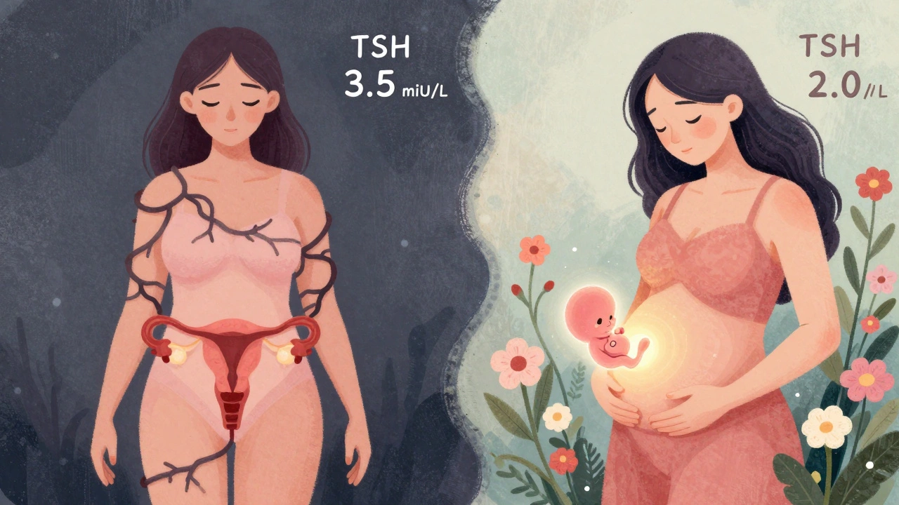 Split illustration: tangled vines blocking fertility vs. flowers and embryo representing restored fertility.