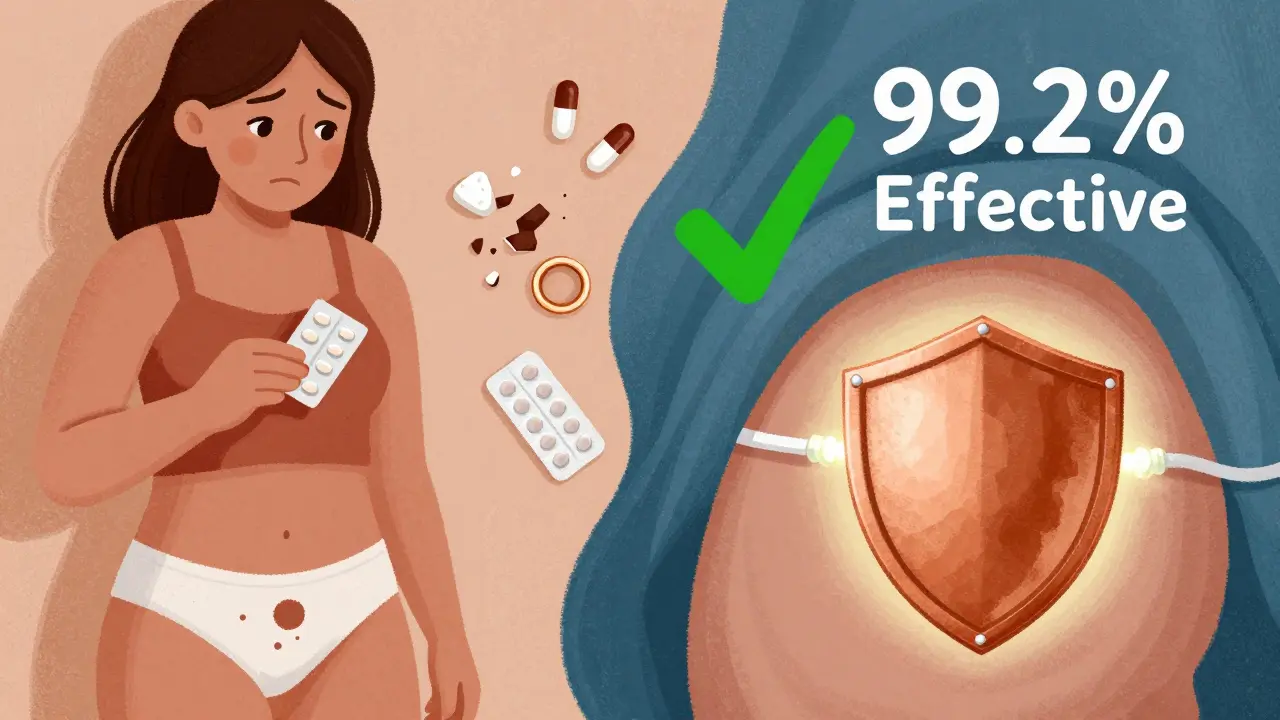 Split image: breakthrough bleeding on one side, copper IUD as safe alternative on the other, with crumbling contraceptives.