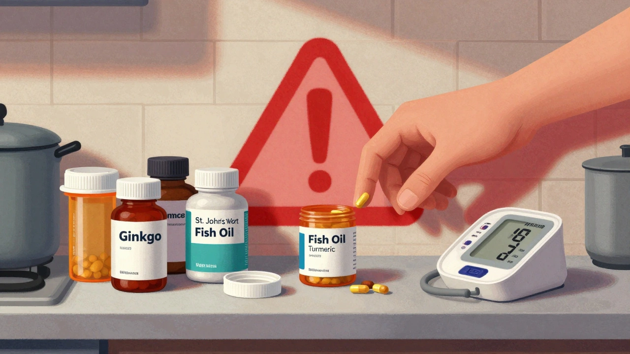 Supplement bottles on a kitchen counter next to a blood thinner prescription, with a red warning symbol in the background.