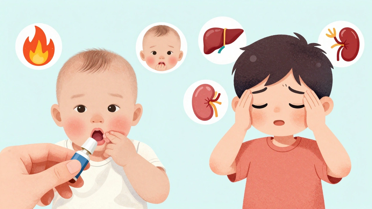 Two children receiving different fever medications, with icons showing inflammation, liver, and kidney risks.