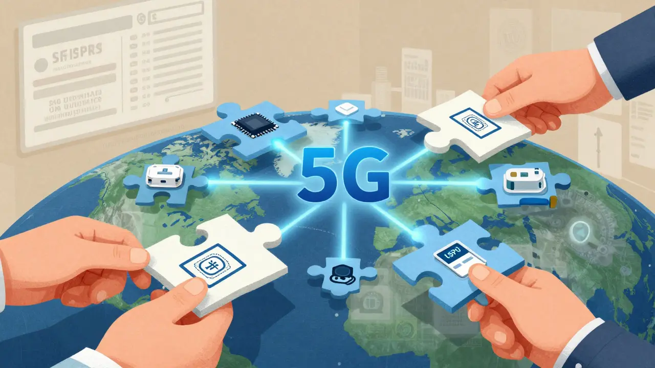 Two hands assembling a puzzle of patents into a 5G network, symbolizing cross-licensing partnership.