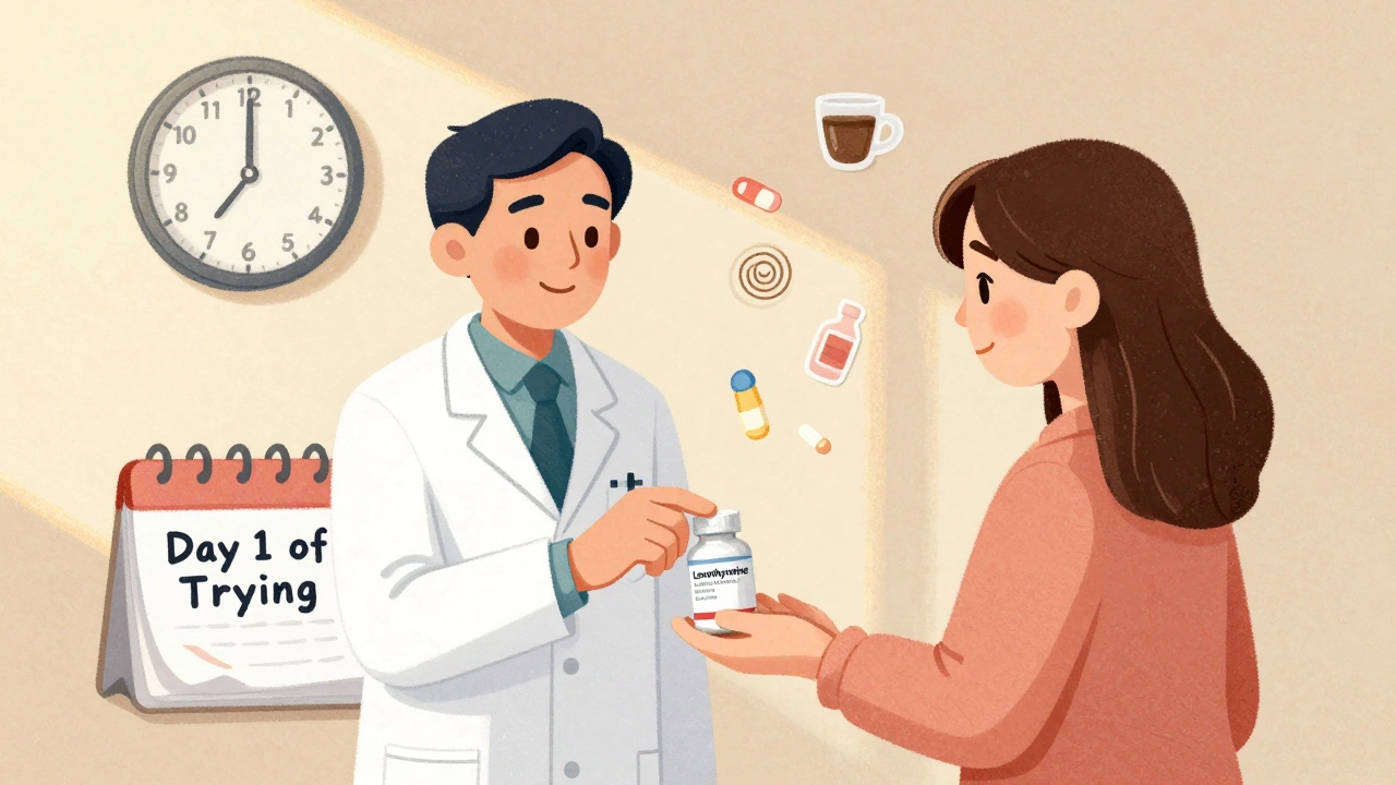 Woman receiving levothyroxine at dawn, with coffee and supplements fading away in the background.