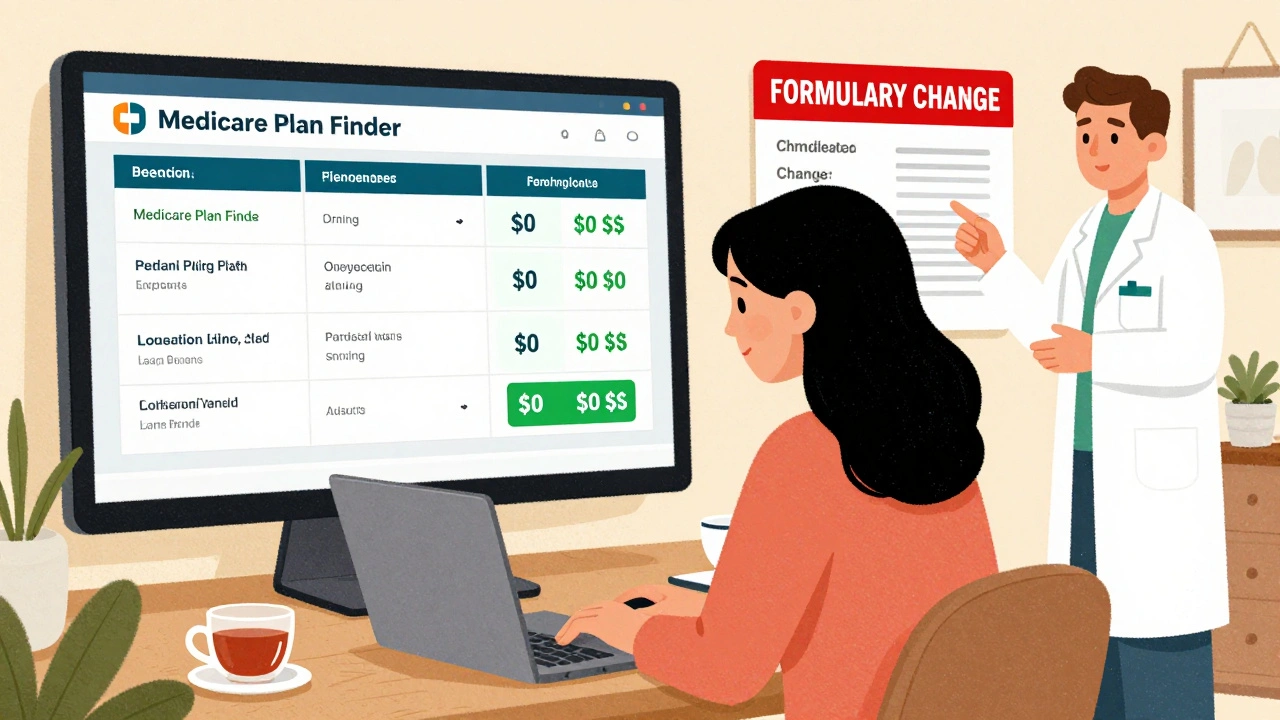 Woman using Medicare Plan Finder on laptop while pharmacist advises on generic drug coverage.