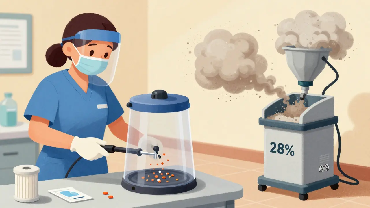 A care worker safely crushing a hazardous pill in a closed-system device that traps airborne particles.