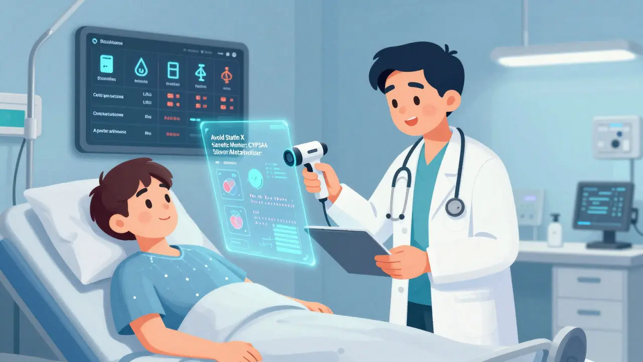 A doctor scanning a patient’s genes while a hologram recommends a personalized generic drug.