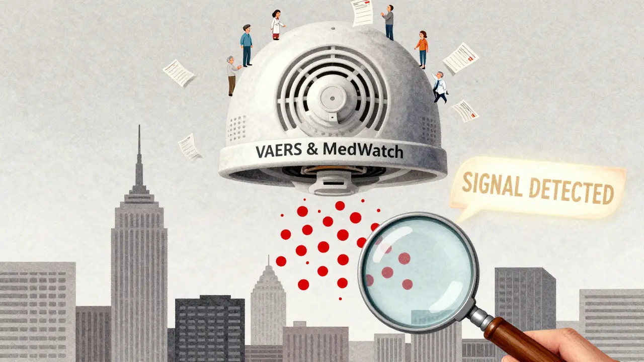 A giant smoke alarm above a city receives reports from citizens, with a signal detected glowing in the sky.