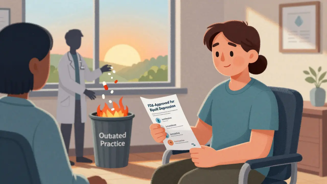 A patient in therapy holding a brochure for safe bipolar treatments, while outdated antidepressants burn in the background.
