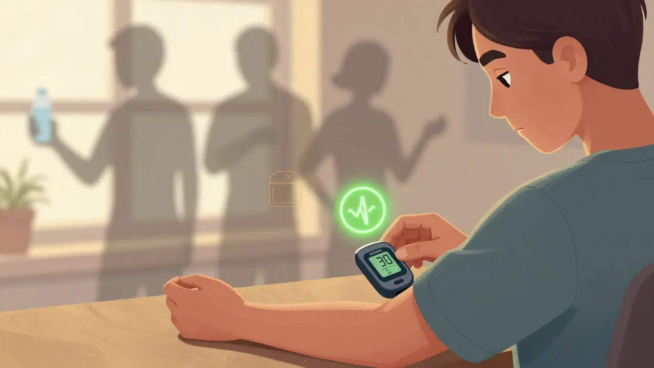 A person monitoring a CGM with a predictive alert, surrounded by fading past mistakes, symbolizing early intervention to prevent diabetic emergencies.