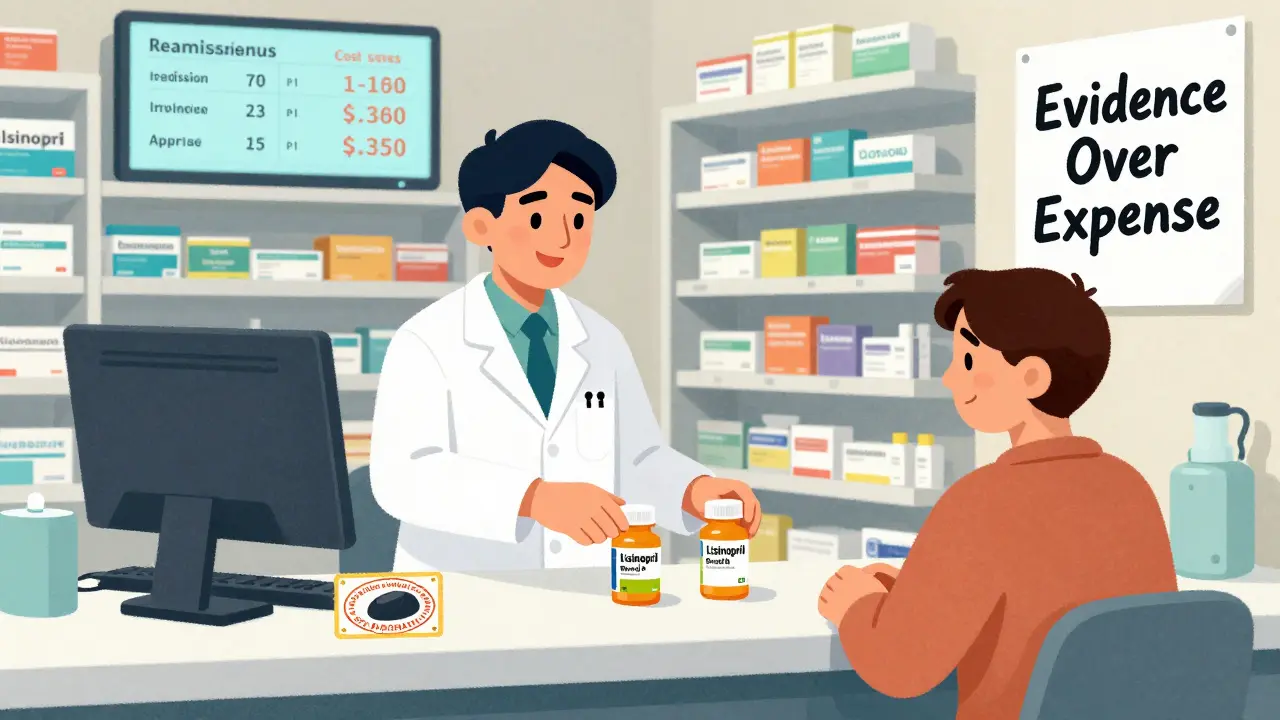 A pharmacist swapping generic medications at a pharmacy counter with a smiling patient nearby.