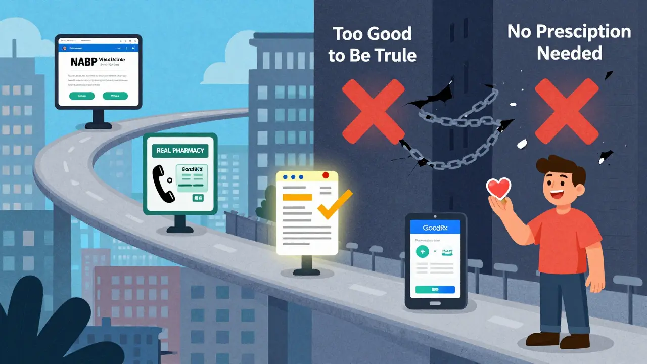 A safe online pharmacy checklist path leading to a happy customer, with dangerous scams blocked by red Xs in the background.