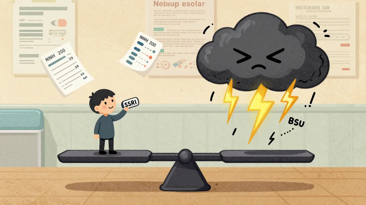 A scale balancing an antidepressant pill against a manic storm, with medical stats floating nearby.