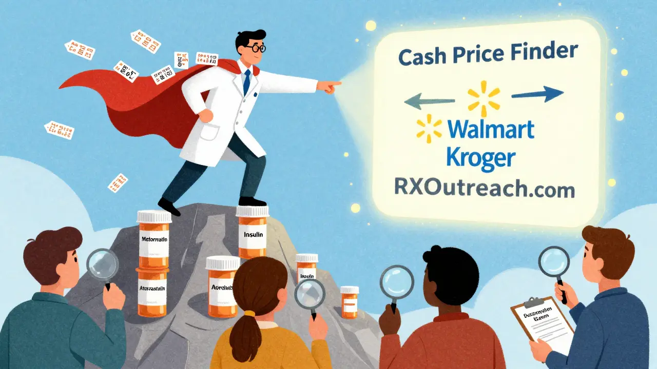 A superhero pharmacist guiding people to low-cost pharmacies, with icons for Walmart, Kroger, and RXOutreach.com.