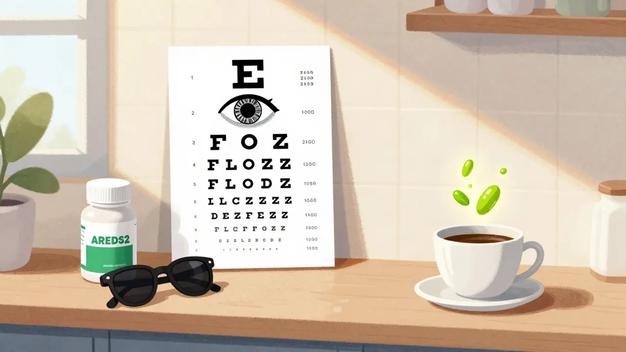 Amsler grid and AREDS2 vitamins on a counter with one eye seeing distorted lines, morning light streaming in.
