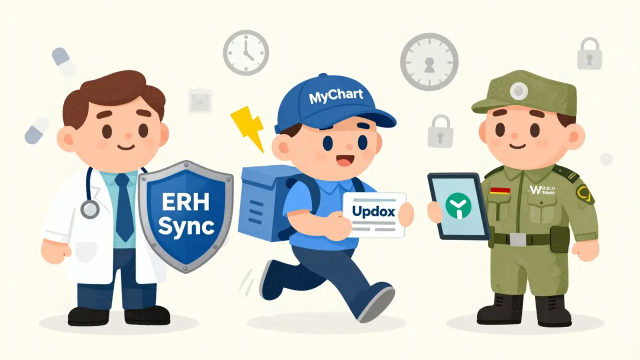 Cartoon characters representing MyChart, Updox, and My HealtheVet with medication-related icons.
