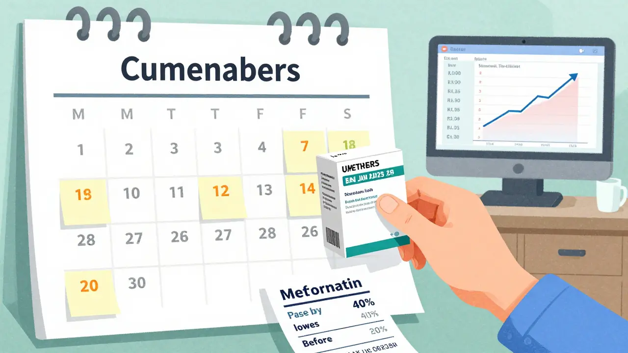 Clinic calendar with expiration dates and inventory screen, showing lower patient prescription price from bulk buying.