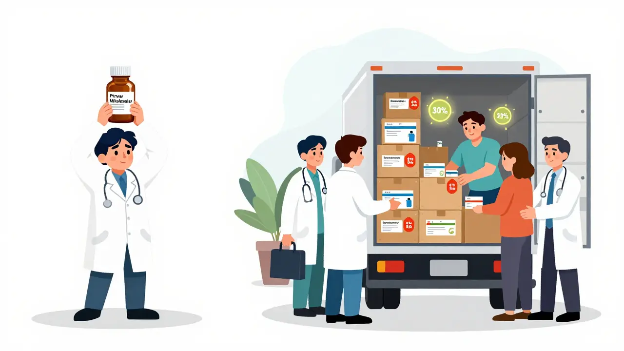 Contrasting images of small medicine bottle vs. bulk crates with discount tags, showing cost savings for clinics.