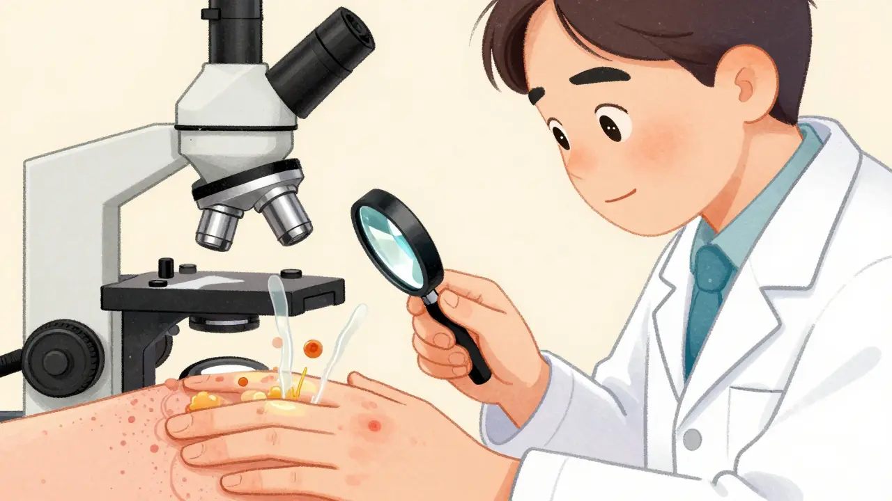 Dermatologist examining a skin sample under a microscope with visible fungal hyphae and yeast cells floating nearby.