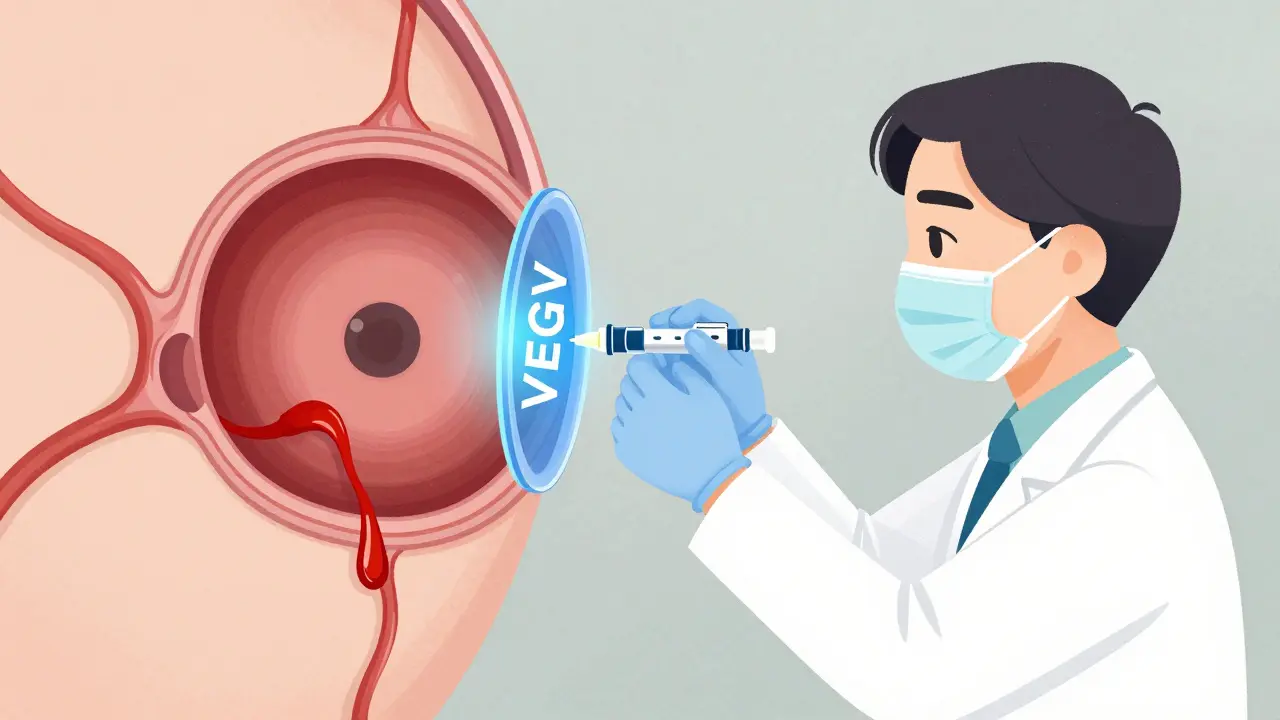 Doctor giving eye injection while retina cross-section shows leaking vessels being blocked by blue healing light.
