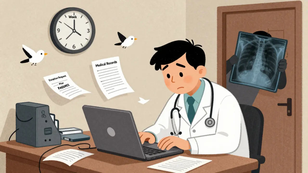 Doctor overwhelmed by paperwork while patient peeks in, clock showing six weeks passed and X-ray of joint damage visible.