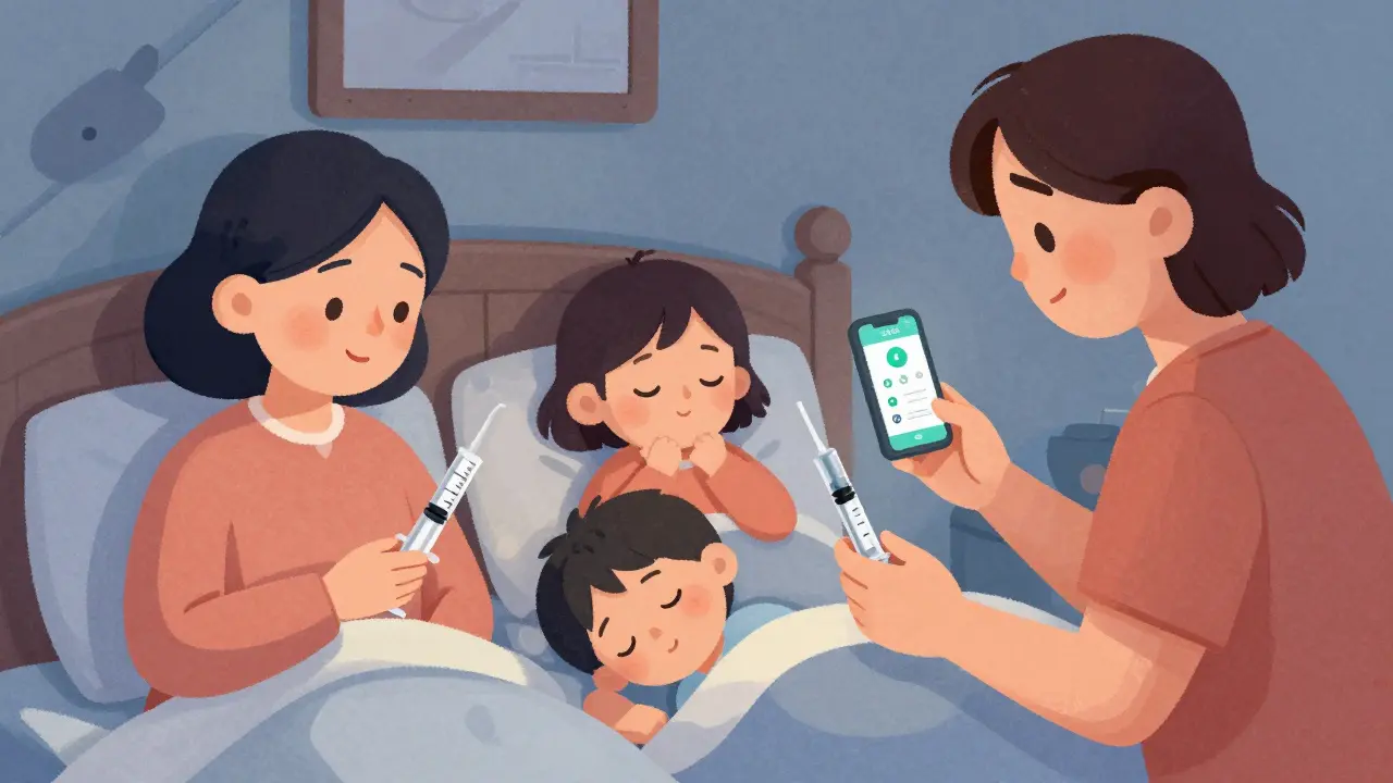 Family members each holding pre-measured syringes at bedtime, with a phone app showing a dose reminder.