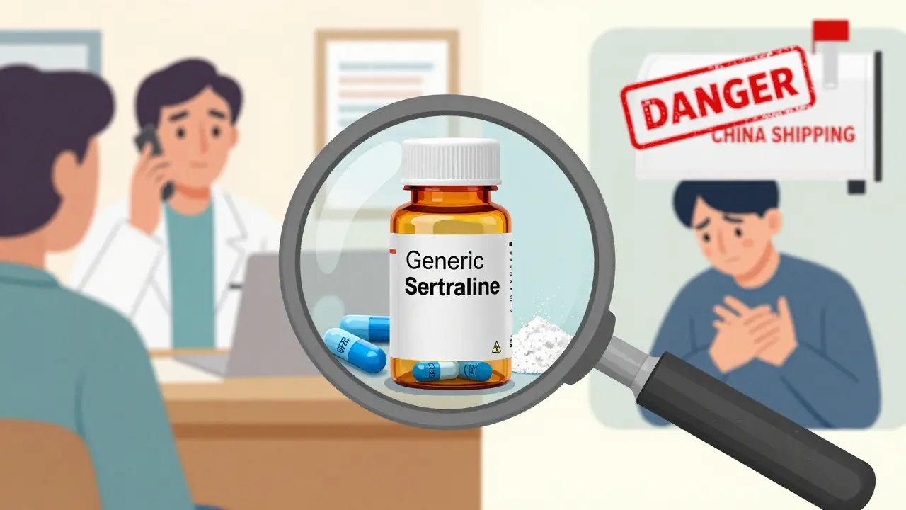 Magnifying glass revealing real FDA-approved pills versus counterfeit powder inside a fake generic medication bottle, with contrasting health outcomes.