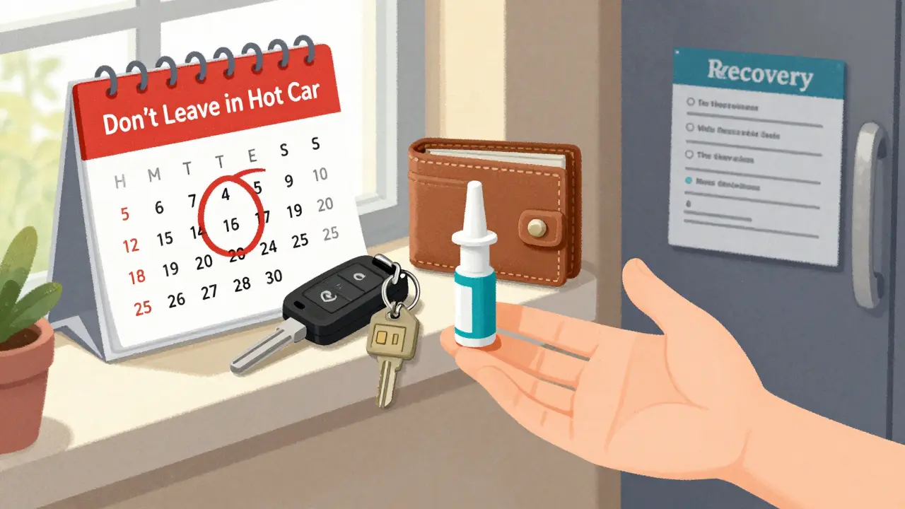 Naloxone spray clipped to a keychain beside car keys and wallet on a windowsill, expiration date visible, sunlight streaming in.