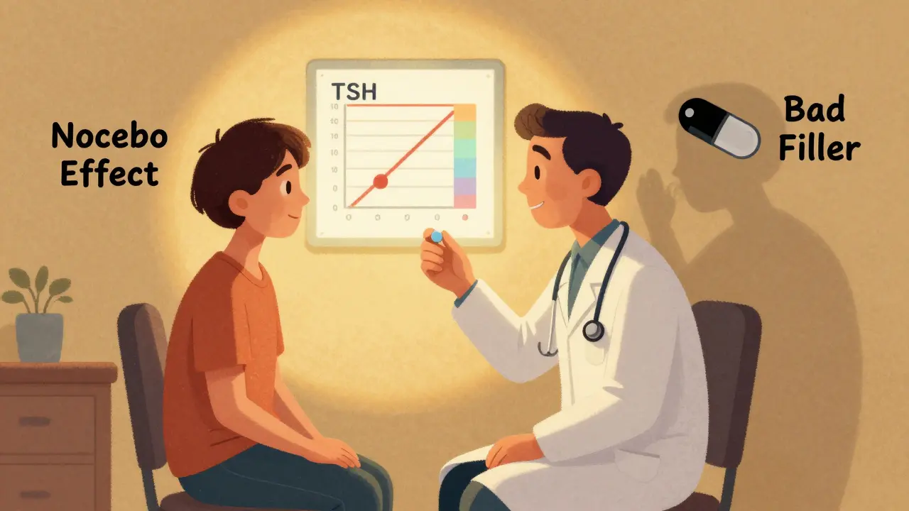 Patient and doctor discussing thyroid medication, with shadowy figures representing nocebo effect and bad fillers in the background.