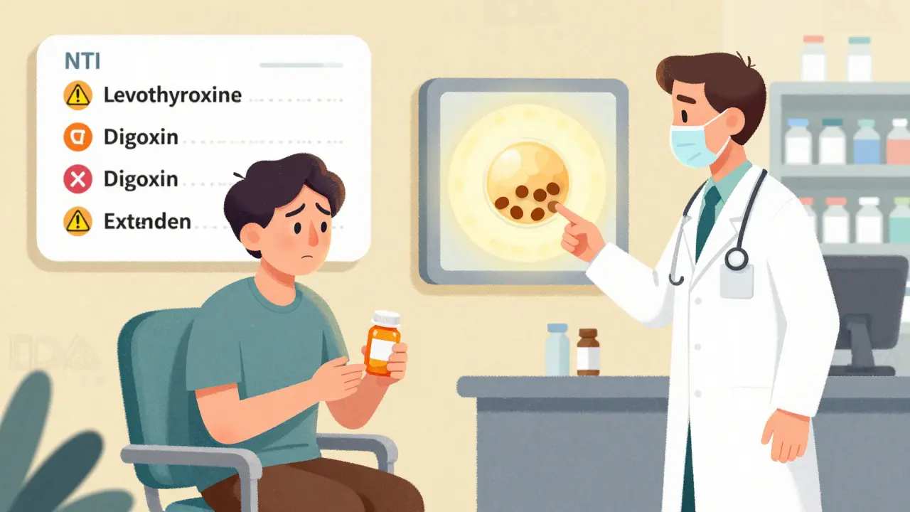 Patient and pharmacist examining an extended-release pill with uneven drug distribution under light.