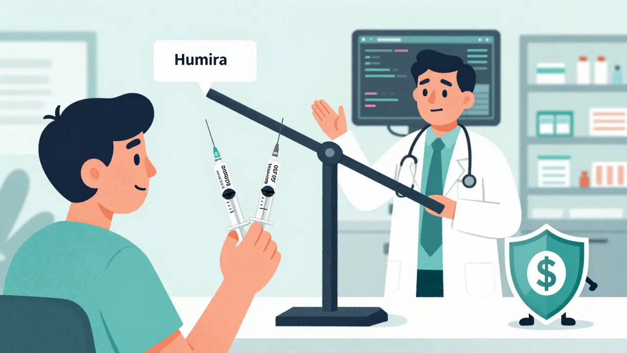 Patient comparing two syringes—one expensive, one cheaper—as doctors and insurers debate, illustrating biosimilar cost savings.