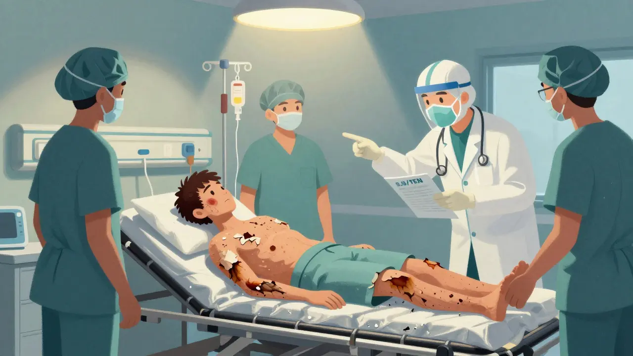 Patient with extensive skin peeling in ER, medical staff administering treatment, chart labeled SJS/TEN visible.