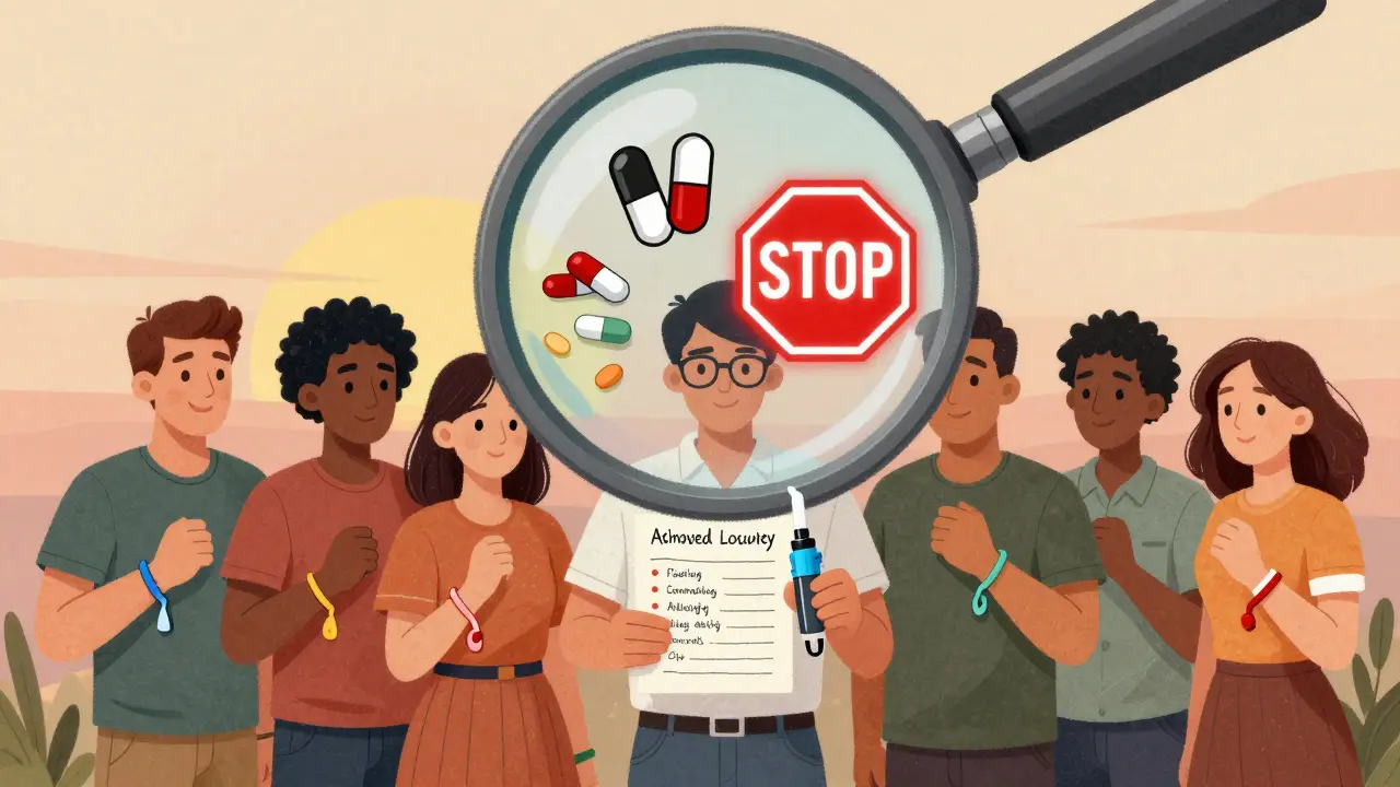 People holding medical alert bracelets and epinephrine injectors, magnifying glass revealing drug warning symbols.