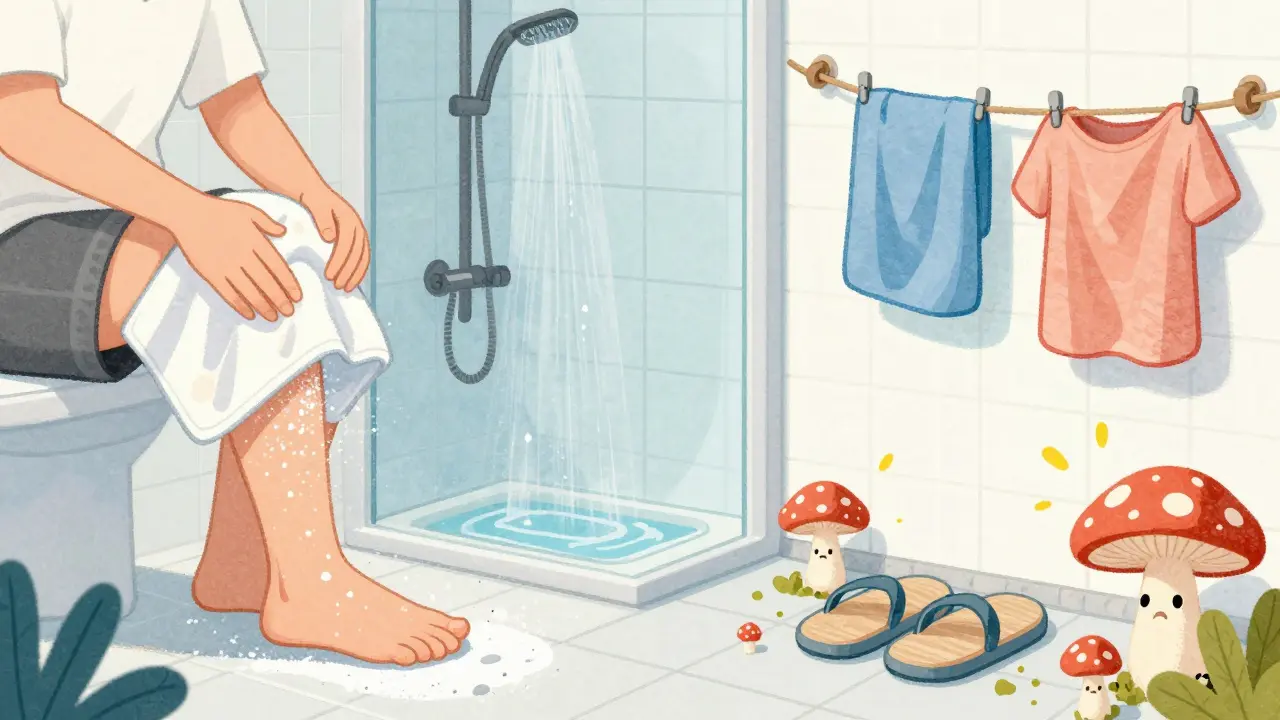 Person practicing fungal infection prevention by drying skin, using powder, and wearing flip-flops in a bathroom setting.