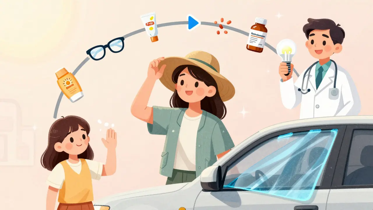 Person practicing photoprotection: sunscreen, hat, LED bulb, and UV window film.