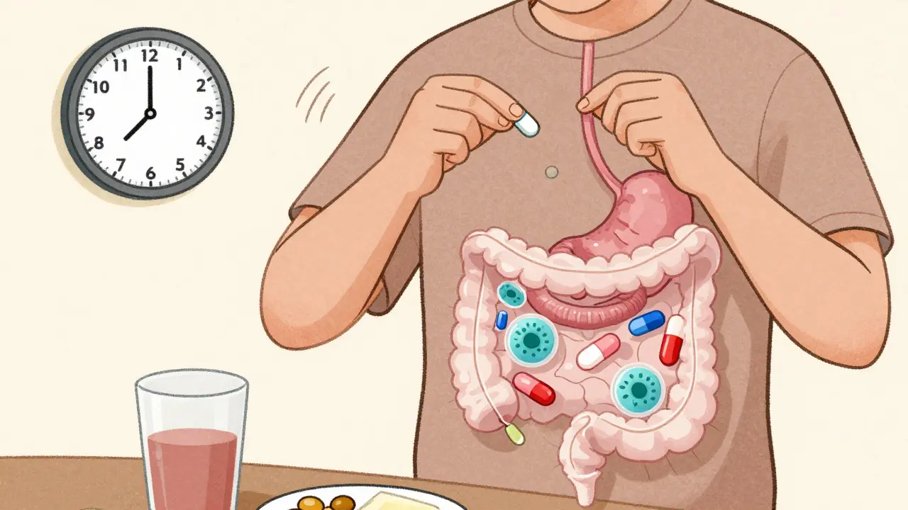 Person taking probiotic two hours after antibiotic, with transparent gut showing microbial timing.