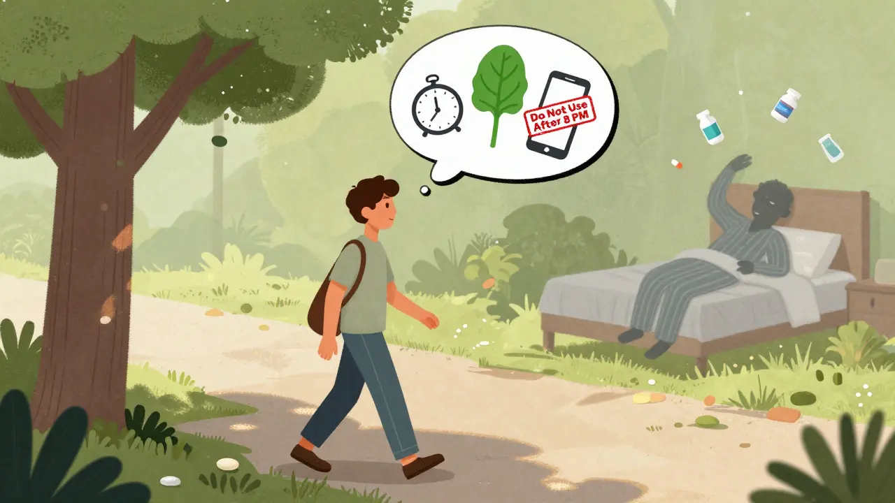 Person walking after lunch with healthy habit symbols above, while a chaotic sleepless figure lies behind them with medication bottles.