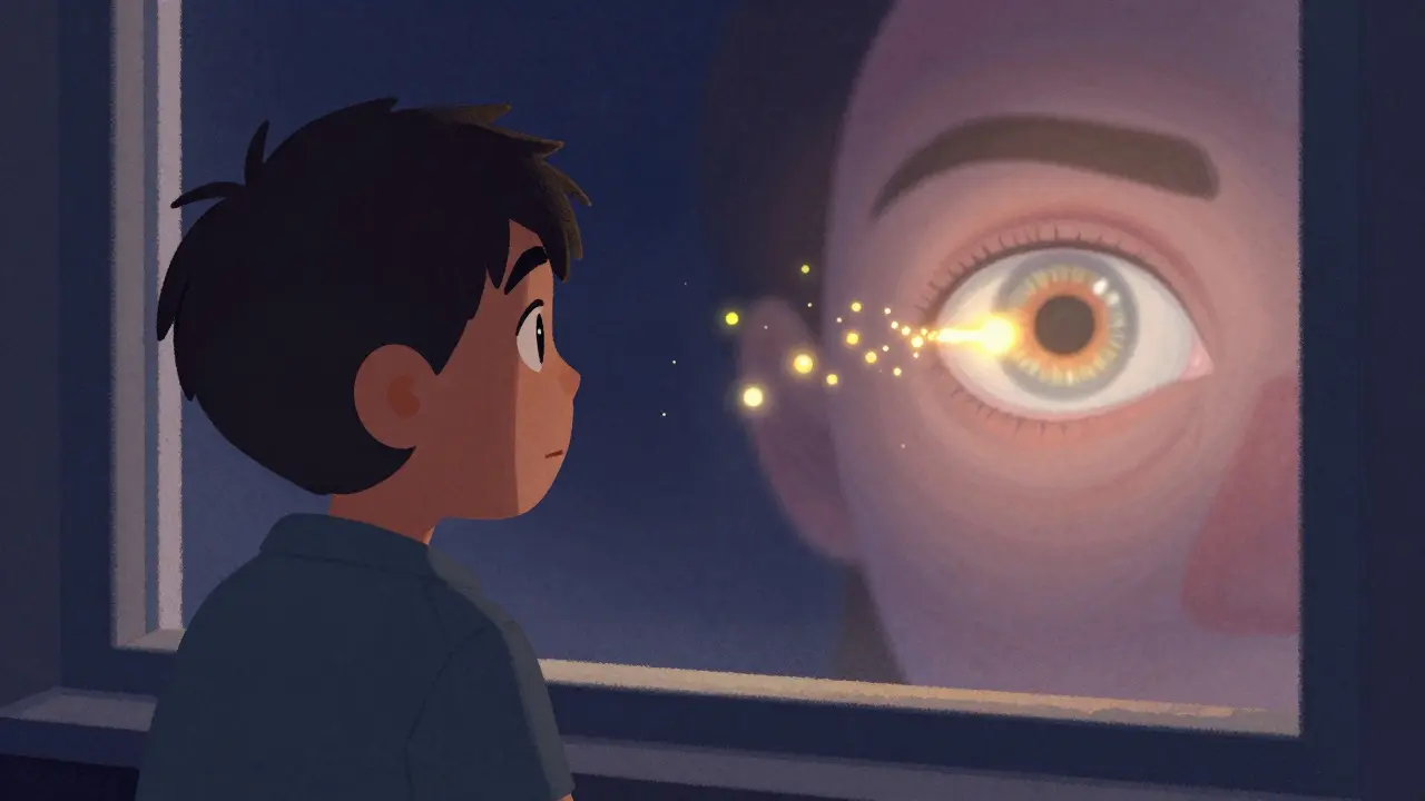 Person with advanced AMD seeing a blurred face as therapeutic particles gently restore macular structure.