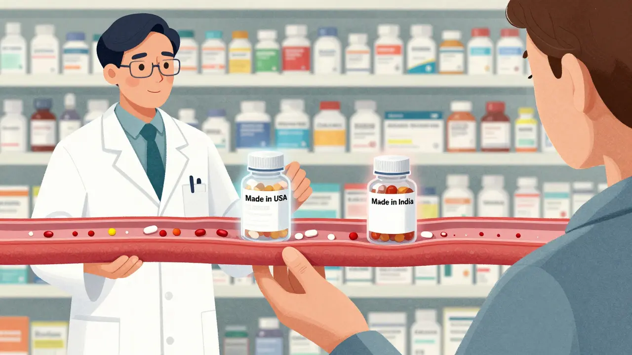 Pharmacist giving a pill bottle to a patient, with transparent overlay showing different inactive ingredients in generic vs. brand-name drugs.